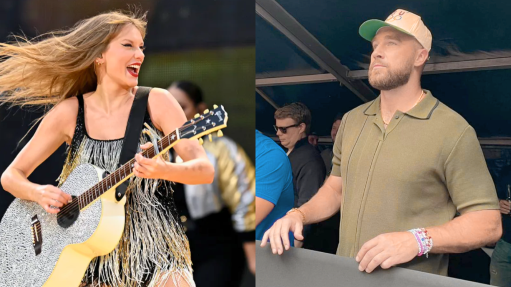 Taylor Swift and Travis Kelce at different events.