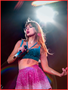 Taylor Swift performing on stage, possibly contemplating her actions and their karmic implications.